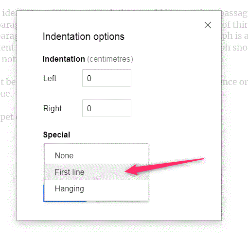 indent options first line