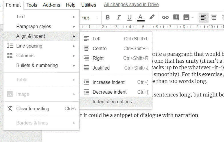 indent options in google docs