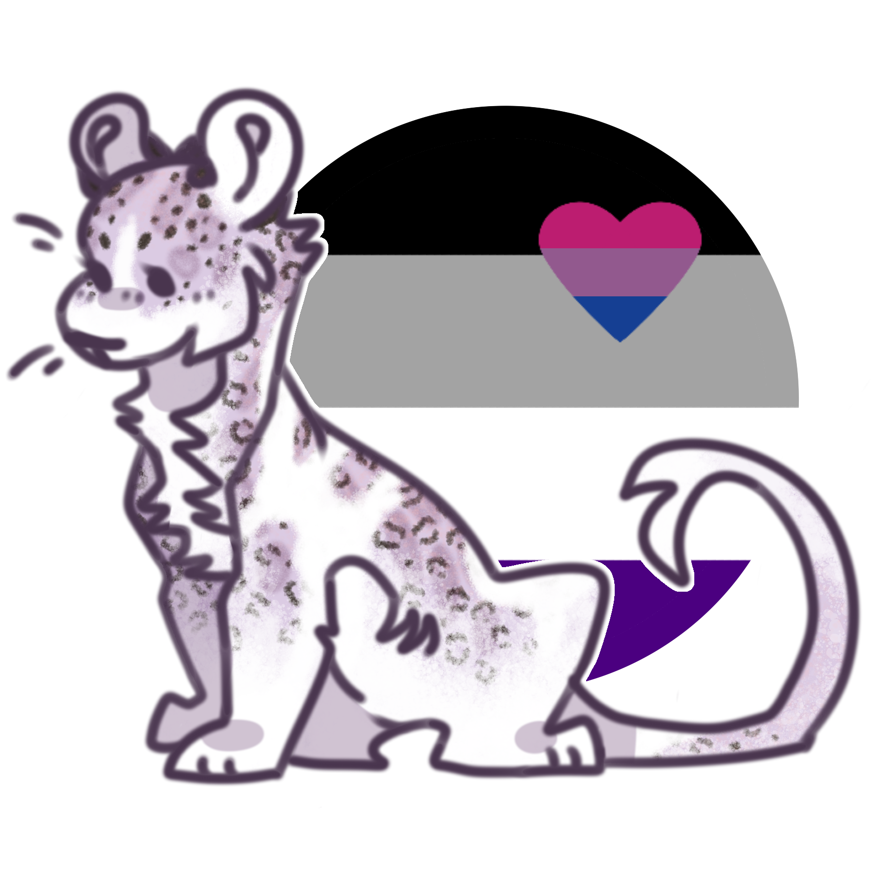 my main king using base 1b. this one has a circular background behind it of the asexual flag with a bisexual colored heart within it.