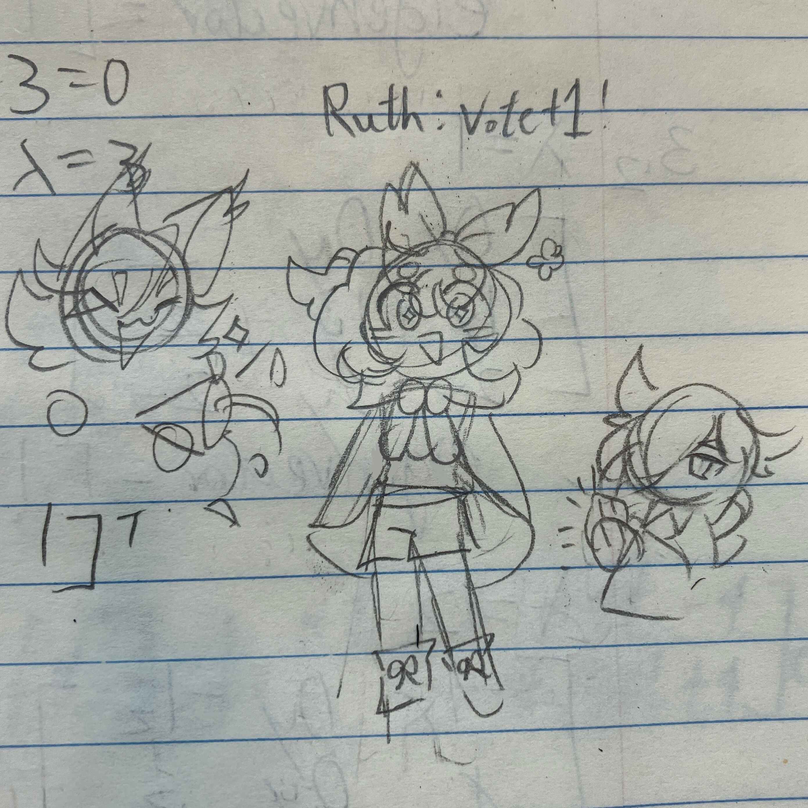 Drawing of Ruth being happy to get a vote while Cosmos and Lavender celebrates in the background (12 Apr 2023)