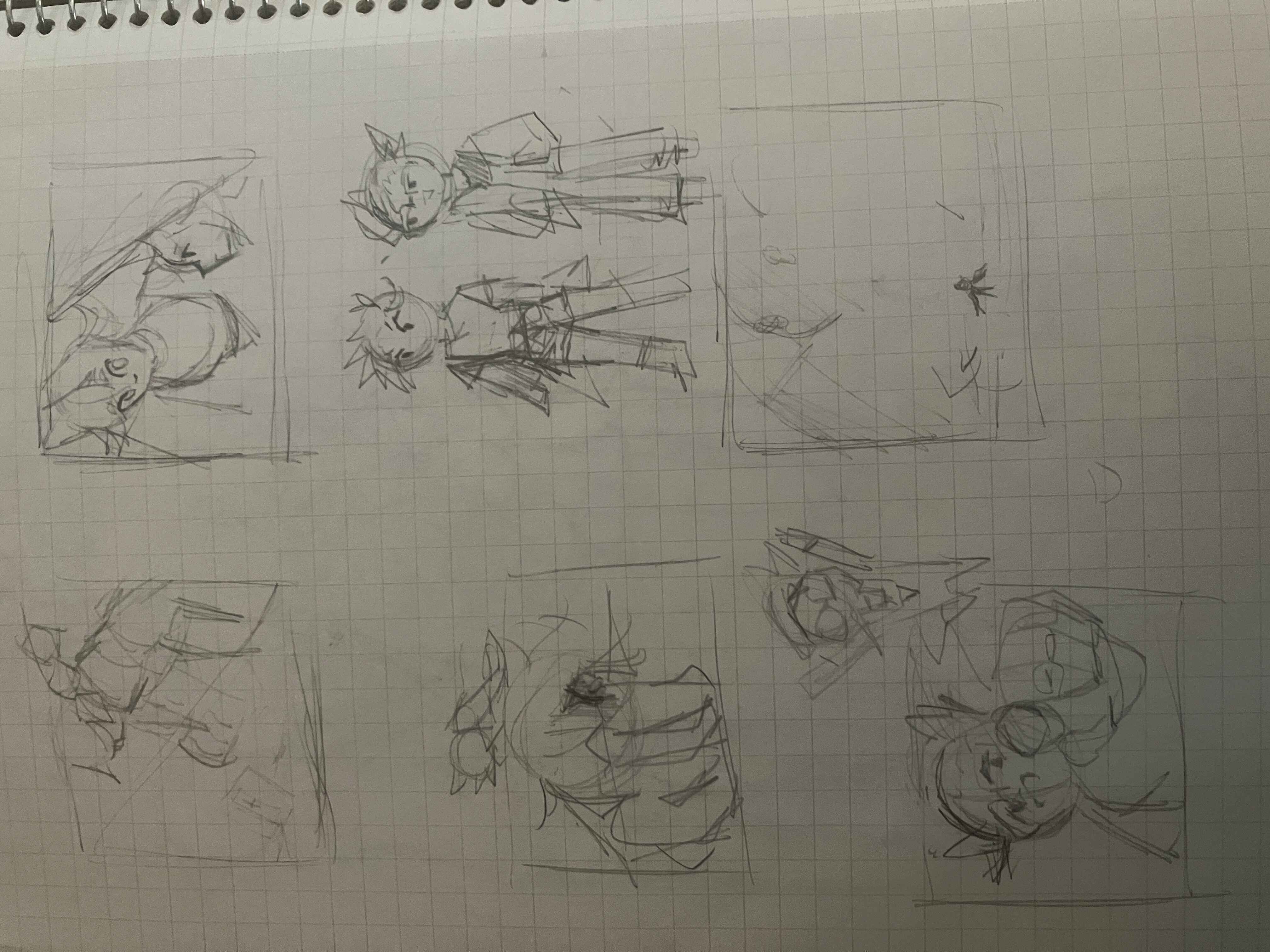 Drawing of some scene panels and initial design of Wolf and Raven