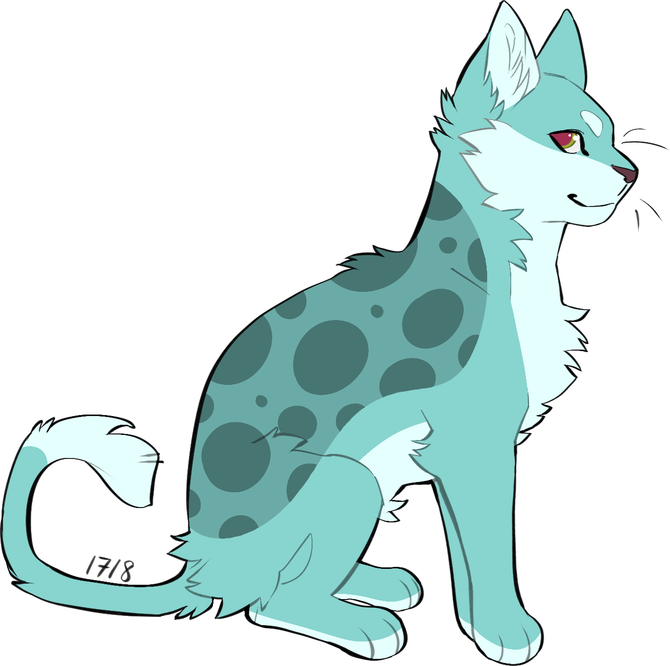 teal cat with large spots on its back