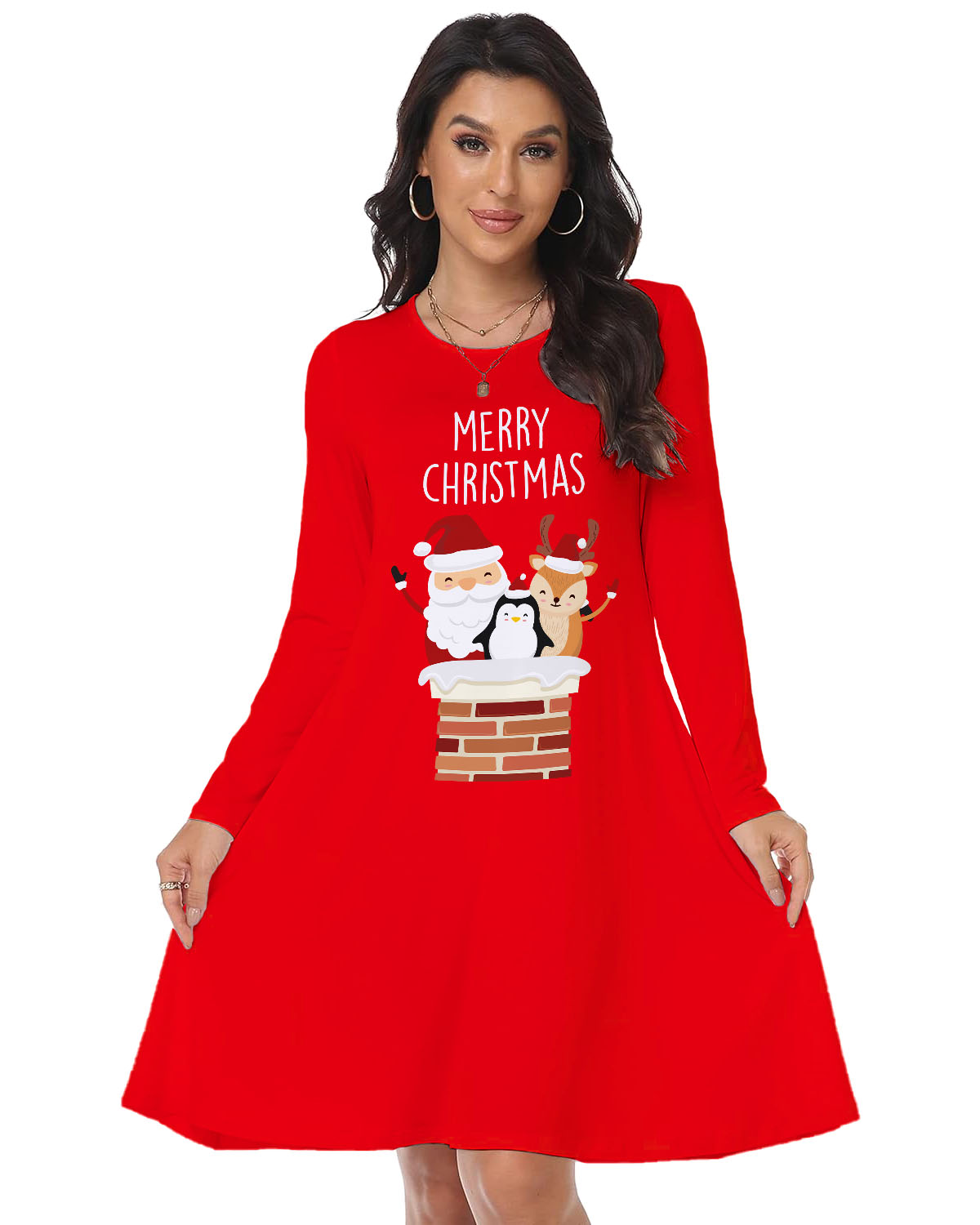 Handpicks Christmas Printed Santa Claus Penquin Long Sleeve Swing Dress ...